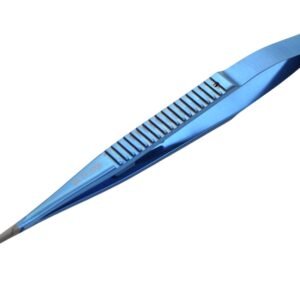 Micro Needle Holder 6″ straight with lock, diamond coated jaw, flat handle, Titanium blue