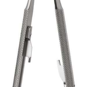 Jacobson Needle Holder 7″ curved with lock, tungsten carbide serrated, round handle