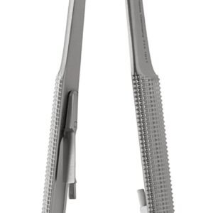 Mills Needle Holder 8″ straight with lock, tungsten carbide serrated, round handle
