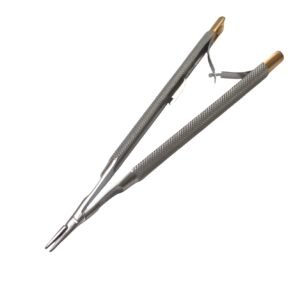 Castroviejo Needle Holder 5″ straight with lock and spring, tungsten carbide serrated, round handle