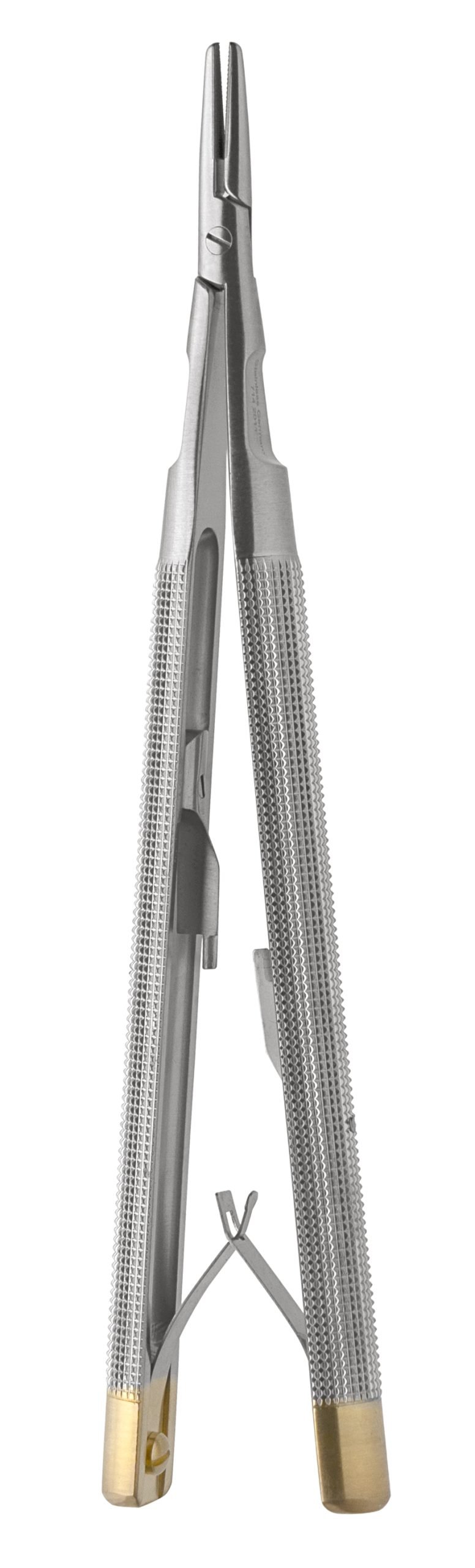 Castroviejo Needle Holder 5 1/2″ straight with lock and spring, tungsten carbide serrated, round handle