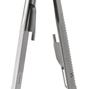 Castroviejo Needle Holder 5 1/4″ curved with lock, tungsten carbide serrated