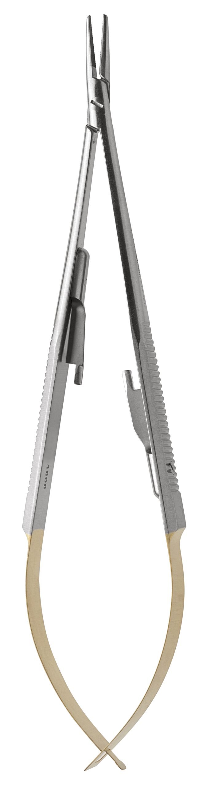 Castroviejo Needle Holder 5 1/4″ curved with lock, tungsten carbide serrated