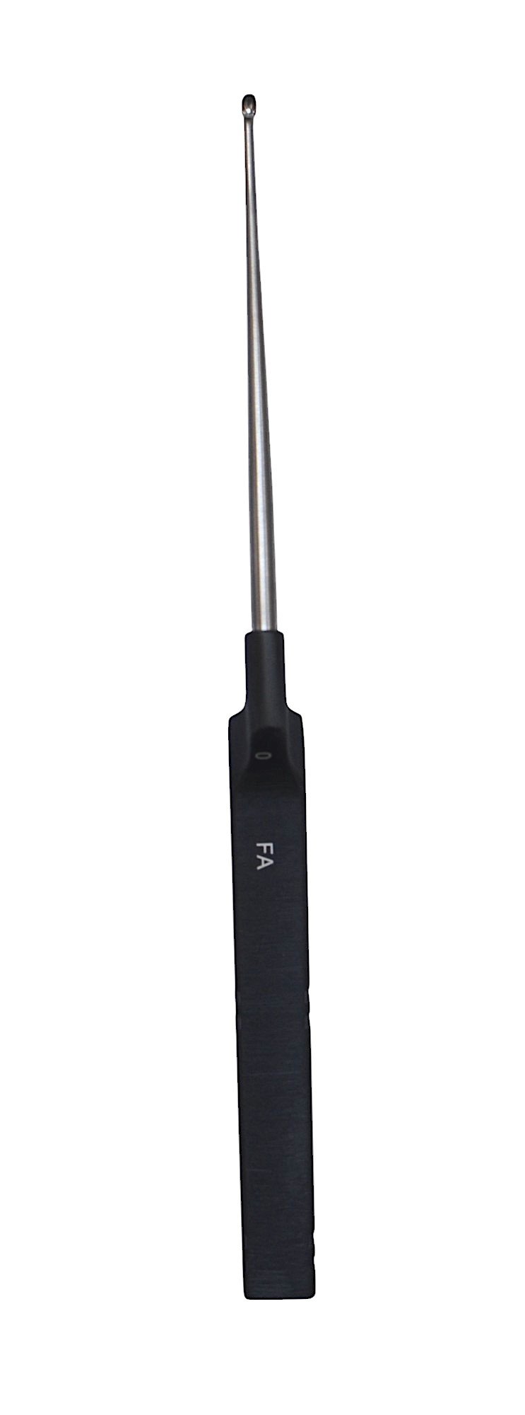 Micro Discectomy Cervical Curette 9 1/2″, forward angled, #0, offset black aluminum handle