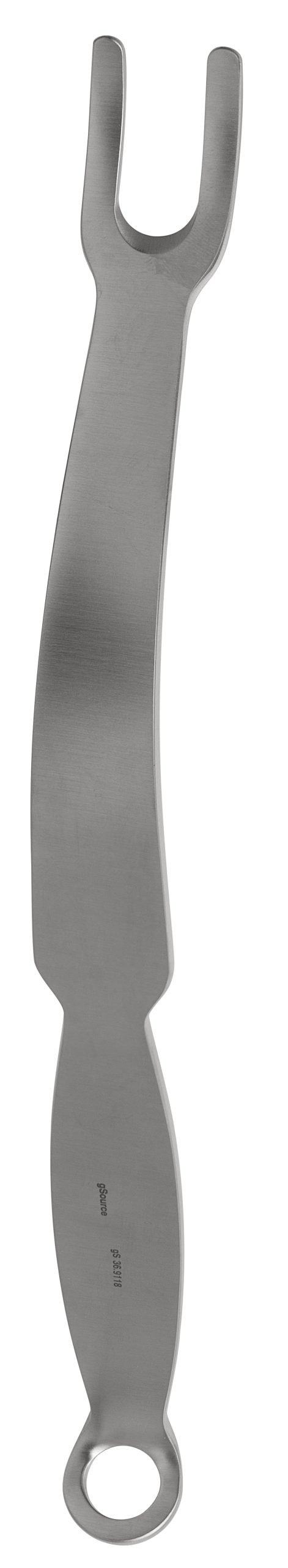 PCL Retractor 10″ curved, 21mm blade, 10mm 2 prong blunt, handle bent, 1 hole