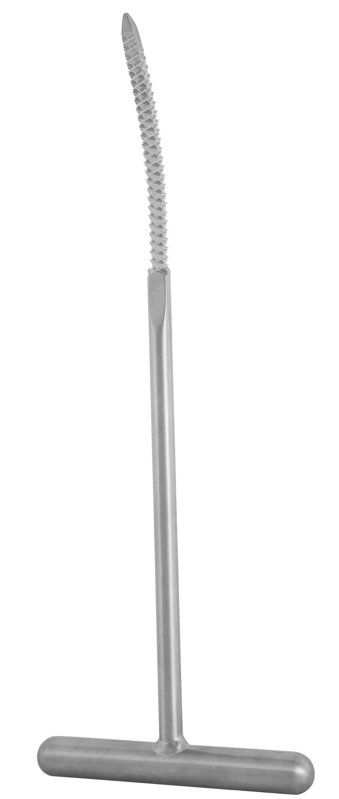 MKRasp, Femoral Canal Finder 11″, curved underside rasp, topside smooth, t-handle