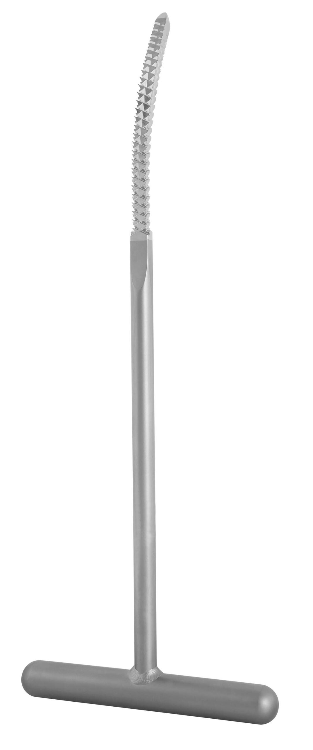 MKRasp, Femoral Canal Finder 11″, curved topside rasp, underside smooth, t-handle