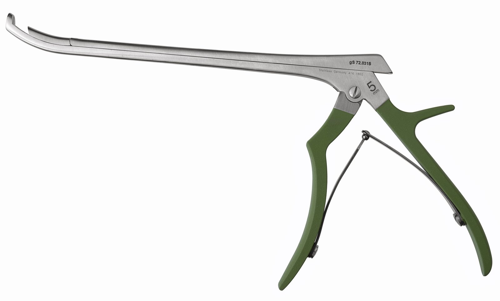 MKPunch Foraminotomy 8″, strong cvd fwd 5mm, Ferris-Smith-Kerrison silicone coated handle, green