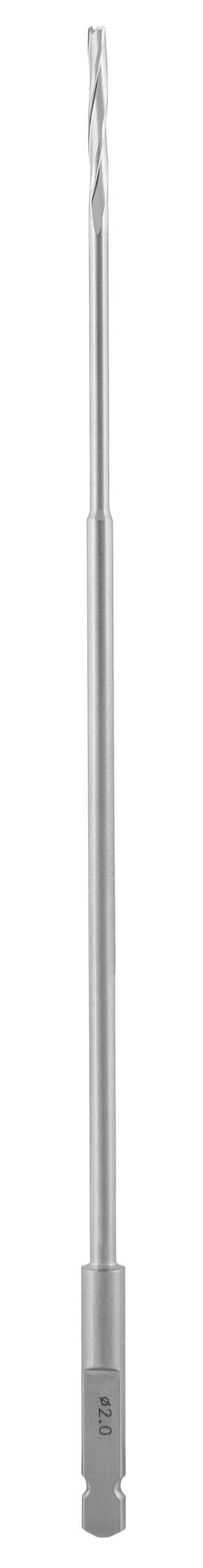 Drill Bit 6″ small quick coupling (SQC), 3 flutes, diameter 2.0mm, maximum inside diameter 1.0mm cannulated, 20mm flute length
