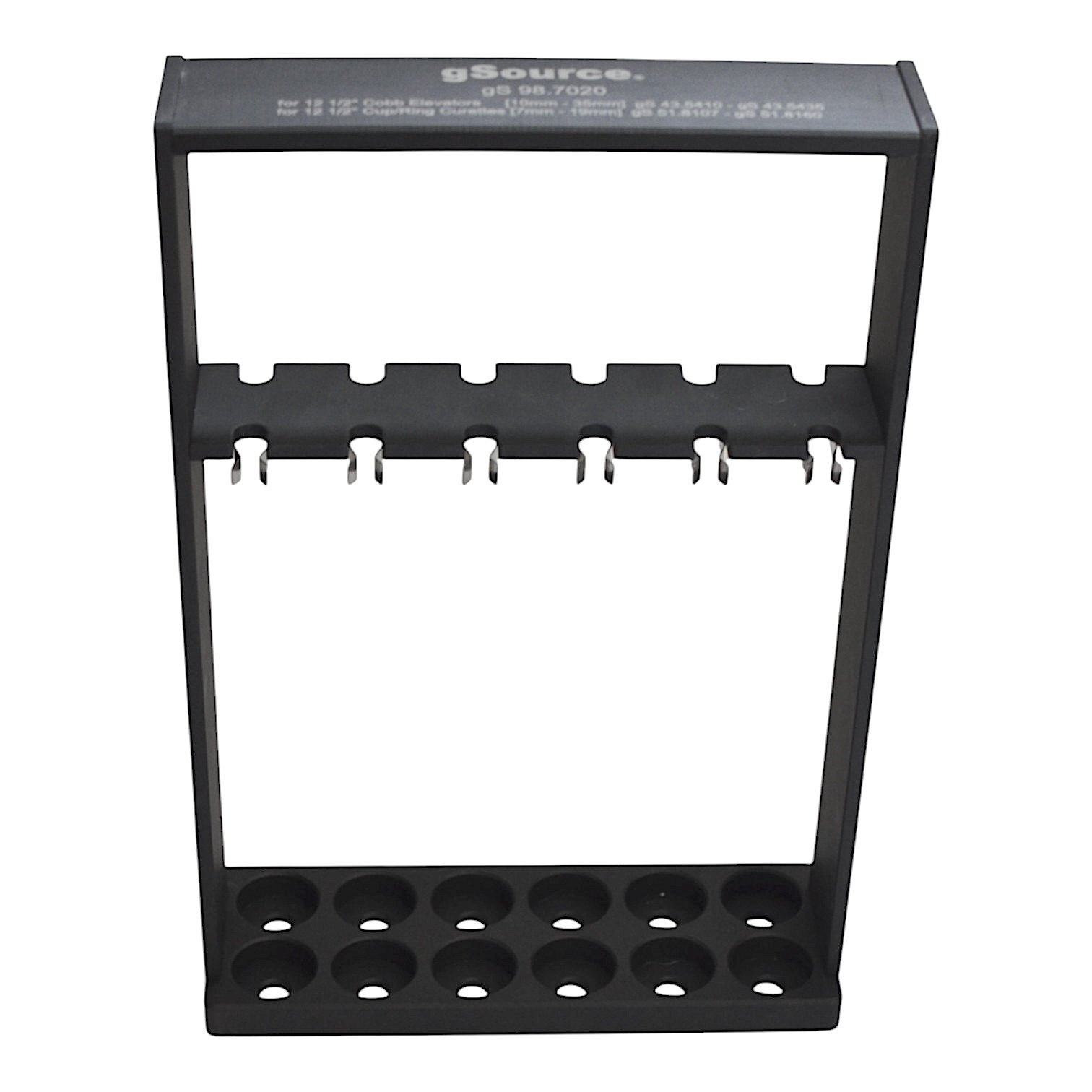 Instrument Rack 13 1/2″, holds 12 12 1/2″ Cobb Elevators MK 43.5410-43.5435, Cup and Ring Curettes MK 51.8107-51.8160, aluminum, black - Image 2