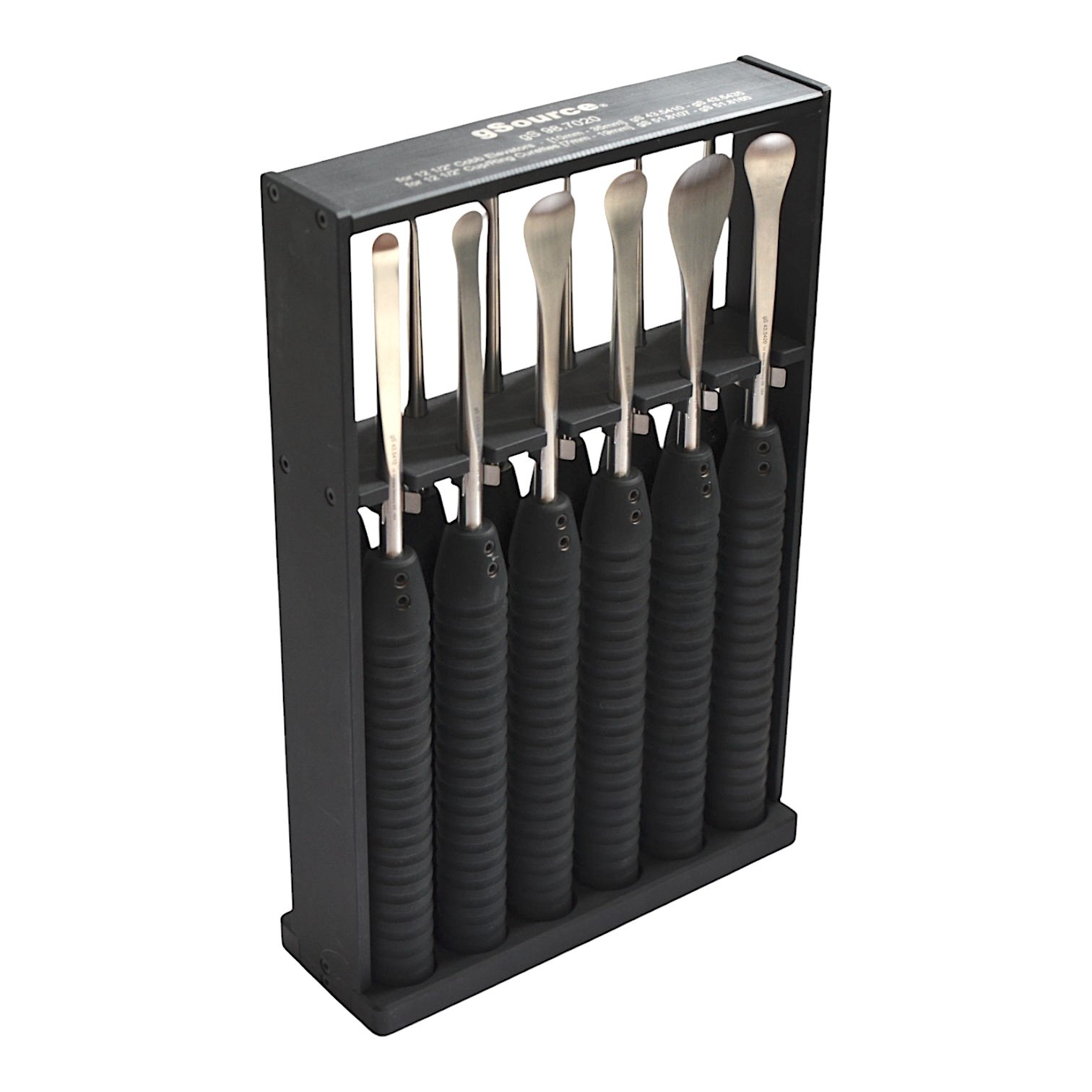 Instrument Rack 13 1/2″, holds 12 12 1/2″ Cobb Elevators MK 43.5410-43.5435, Cup and Ring Curettes MK 51.8107-51.8160, aluminum, black - Image 4